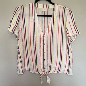 Mello Day Rayna Tie Front V-Neck Top with Vertical Stripes